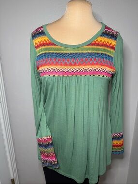 Sun n Moon Green Tunic with Multicolor Fair Isle Yoke A013